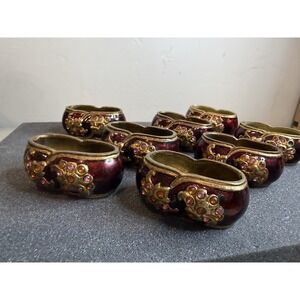 Vintage Cloisonné Napkin Rings Set‎ of 8 • Red & Gold Enamel Brass Table Decor
